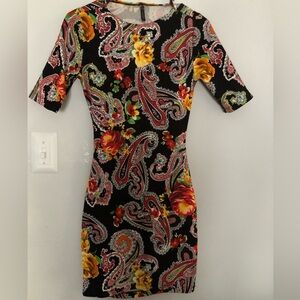 Floral Paisley Midi Dress in Black with Red & Yellow